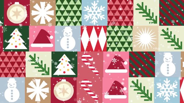 Seasonal christmas icons with snow falling motion abstract backgrounds