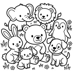 Naklejka premium Cute Cartoon Animal Group Coloring Page for Kids and Fun Activities