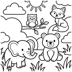Fototapeta premium Cute Animal Coloring Page with Elephant Fox Bear and Owl