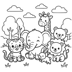 Fototapeta premium Cute Cartoon Jungle Animals Coloring Page for Kids Fun Activity