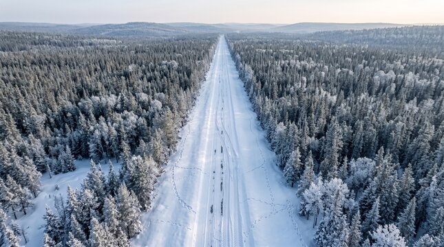 Endless Winter Road: An aerial view reveals a long, straight road stretching into the horizon, flanked by a vast, snow-covered forest under a clear, bright sky.