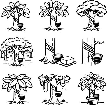 Nine black outline scenes of rubber trees tapped for natural latex collection in bowls