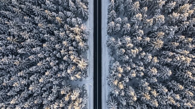 Winter road through a snow-covered forest: An aerial view captures a solitary road cutting through a dense forest blanketed in pristine white snow.