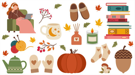 Fototapeta premium Cozy autumn lifestyle vector collection featuring fall icons like pumpkins, books, tea, and warm seasonal elements for comfortable home aesthetic