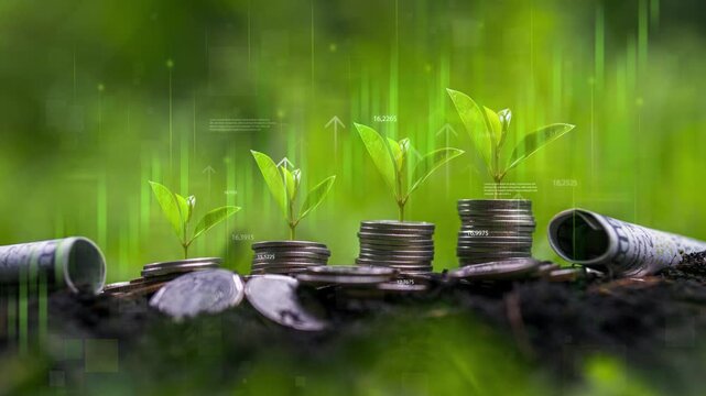 The concept of sustainable investment and business growth; green investment; environmental responsibility; green seedlings growing in the soil; with a green financial graph.