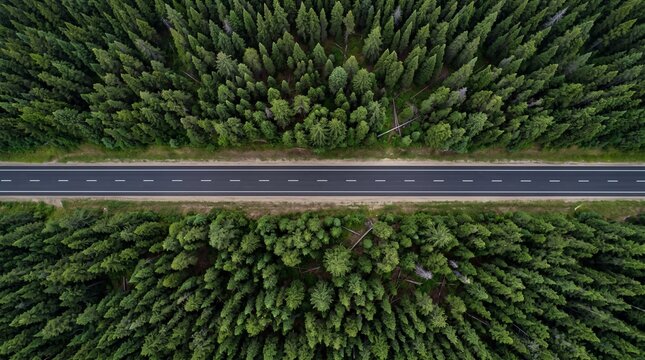 Road Through the Forest: An aerial view showcases a straight asphalt road bisecting a dense, verdant evergreen forest, stretching into the distance under a clear sky.