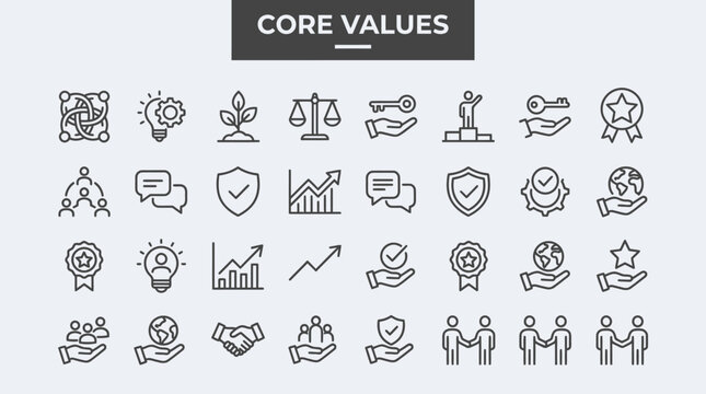 Business Core Values Icon Set featuring minimalist black line icons on white background ideal for corporate presentations and branding materials.