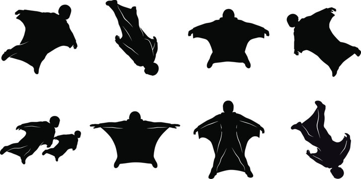 Wingsuit Flying Silhouette Vector Bundle Featuring Extreme Sports Skydiving Glide and Aerial Adventure Poses Collection