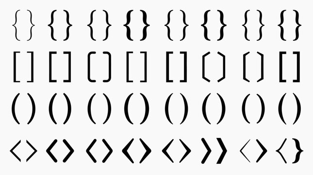 Minimalist Bracket Collection featuring diverse black typographic braces and parentheses on white background ideal for coding tutorials and graphic design assets.