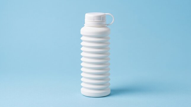 White collapsible silicone water bottle with expandable accordion design and screw cap, isolated on a light blue background.