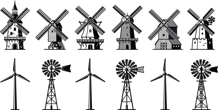 Traditional and modern windmills set featuring historical dutch mills rustic farm water pump structures and electric wind turbines