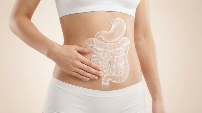 Healthy digestive system and gastrointestinal tract illustration on a woman's torso, closeup with light background.