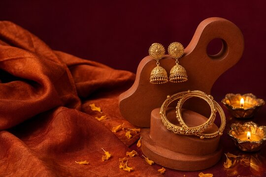 Gold jhumka earrings and bangles for Diwali celebration