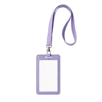 Vertical lilac purple badge holder with a long neck lanyard isolated on white background