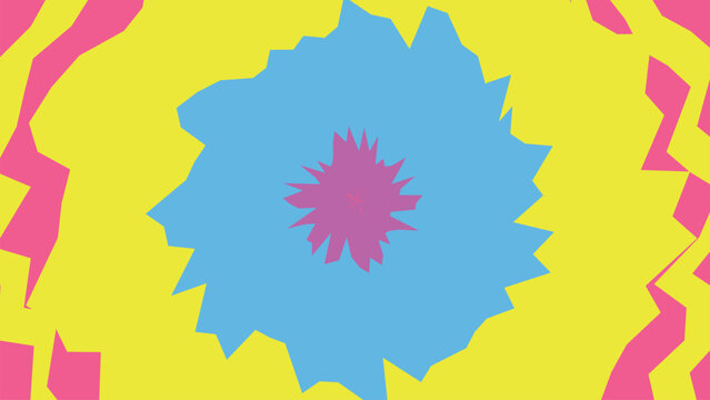 Psychedelic trippy background with colorful wavy zigzag patterns emanating from central jagged star shape for groovy retro aesthetic displays.