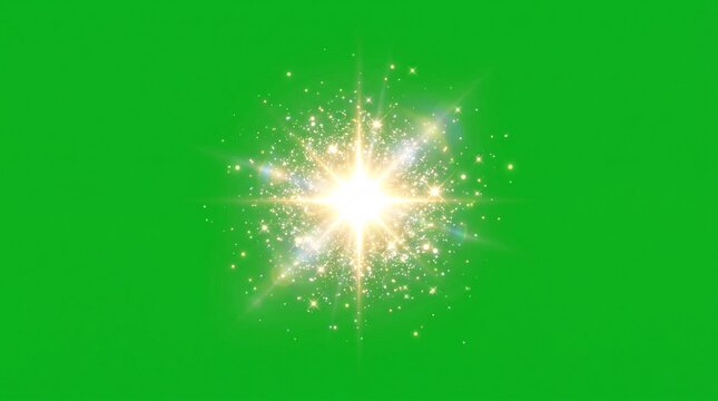 Estrella brillante con destellos sobre fondo verde chroma key.  ideal para efectos visuales, composici&oacute;n digital, transiciones y proyectos de edici&oacute;n de v&iacute;deo.