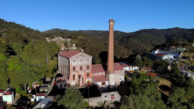 Real del Monte, Hidalgo, Mexico. Magic City at sunrise, Aerial Drone Shot of old British Silver Mine