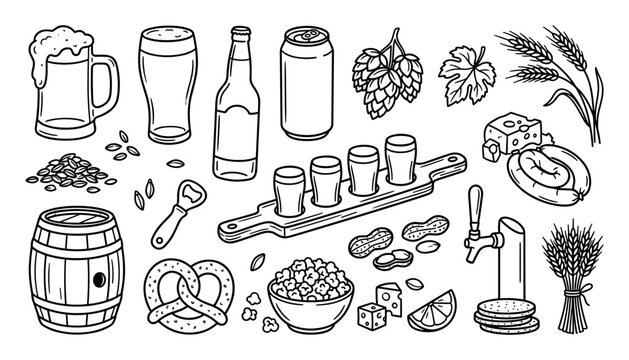 Hand drawn doodle set of beer related items including mugs bottles barrels pretzels and hops isolated on a white background