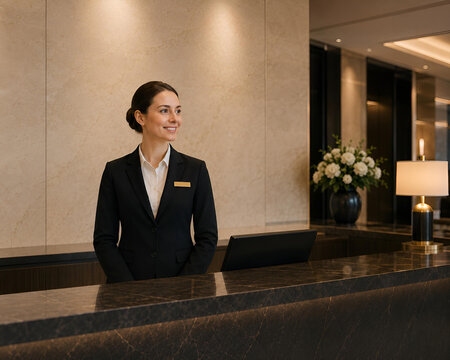 고급 호텔 프런트에서 고객을 맞이하는 여성 리셉셔니스트
Professional Female Hotel Receptionist Welcoming Guests at a Luxury Hotel Front Desk