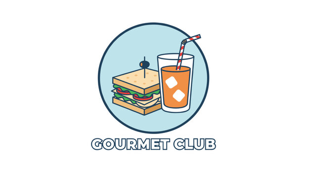 Circular gourmet club logo featuring a classic club sandwich with toothpick and a refreshing orange drink with ice.