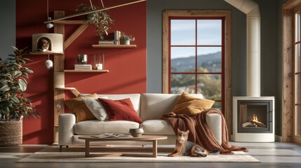 Obraz premium Cozy living room interior with modern fireplace and comfortable sofa setup