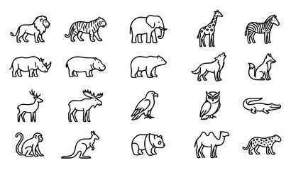 Safari Wildlife Animal Outline Collection Featuring Lion Elephant Giraffe Zebra and Deer Vector Illustration © Madhobe