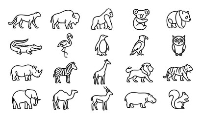 Wild Animal Outline Icon Collection with Mammals Birds and Reptiles Vector Set on White Background © Madhobe