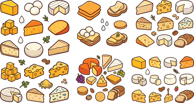 Cheese Collection Set with Various Types of Cheese, Dairy Products, Slices, Blocks, and Gourmet Food Cartoon Vector Illustration