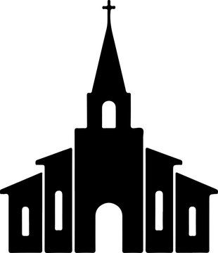 Minimalist church building silhouette vector, christian chapel icon with steeple and cross, religious architecture symbol for community worship