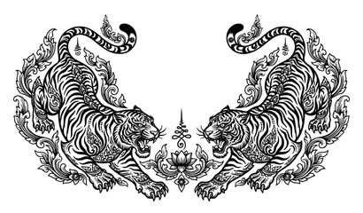 Symmetrical Roaring Tiger Vintage Engraving Illustration Decorative Wildlife Vector Design on White Background © Madhobe
