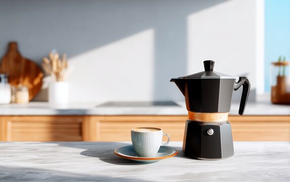 Modern black stovetop coffee maker with ceramic cup on bright kitchen counter