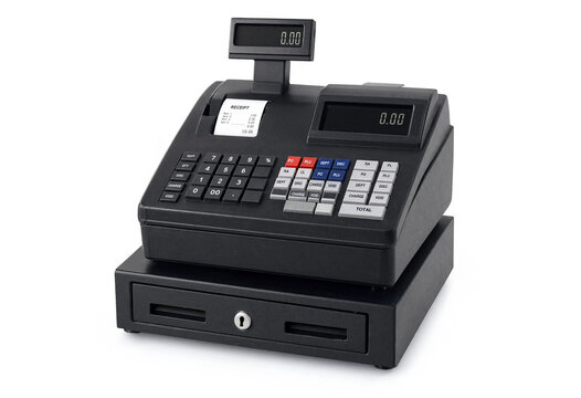 Black electronic point of sale register with receipt paper and display isolated, register