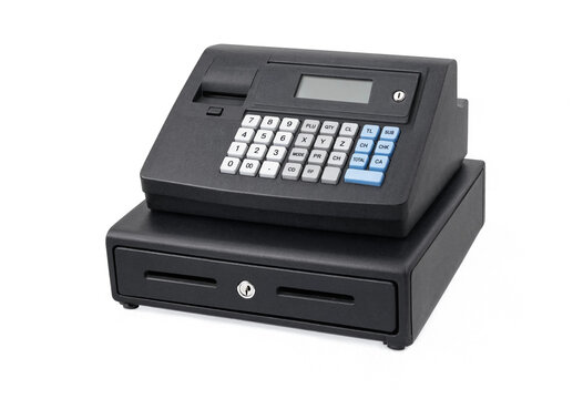 Modern black electronic cash register for retail checkout system isolated with register