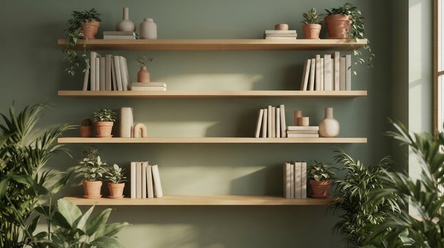 Stylish and natural home interior with a green wall, wooden shelving, books, and bright sunlight from a window.