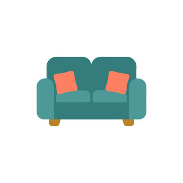 Teal sofa with coral cushions, modern flat design, isolated on white background