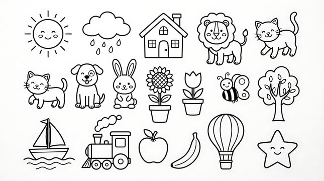 Set of cute hand drawn doodle icons for children featuring animals nature objects and transportation