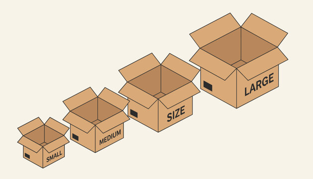 Four open cardboard boxes arranged in a diagonal row showing small, medium, size, and large storage dimensions.