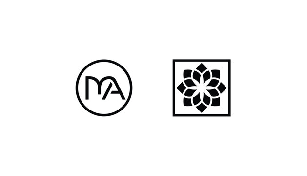 Pair of elegant minimalist black and white circular logos showing monogram MA and a geometric flower emblem.