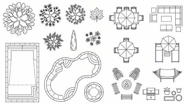 AutoCAD buildings architecture vector collection of landscape design elements