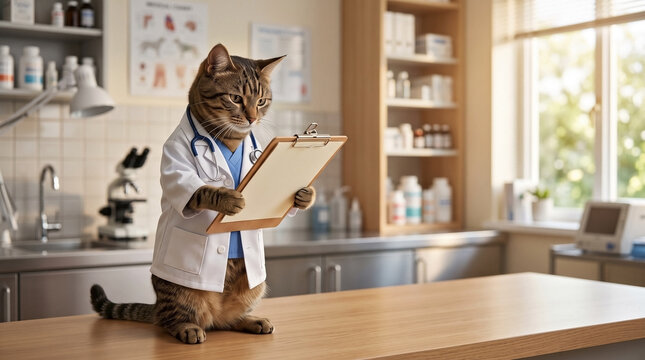 Tabby cat dressed as a doctor wearing a white coat and scrubs examining a medical clipboard in a clinic. Funny veterinary healthcare concept