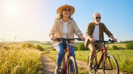 Fototapeta premium Mature couple smiling and riding bikes during a sunny retirement vacation outdoors.