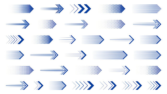 Collection of blue halftone and linear directional arrow graphics for design projects with halftone direction navigation collection isolated movement abstract pointing