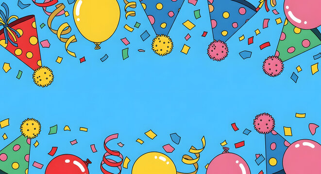 Colorful party birthday border frame with balloons and confetti