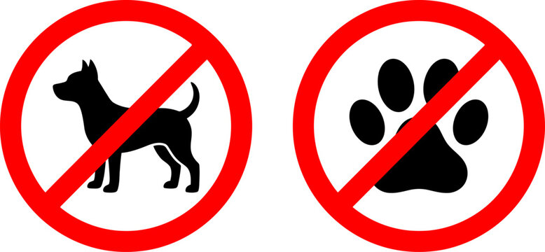 No dogs and no pets allowed red prohibition warning signs with dog silhouette and paw print vector