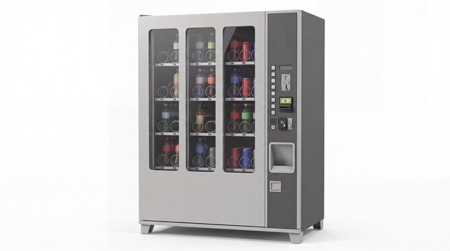 Modern metal beverage vending machine featuring glass panels and bright digital payment interface on white background