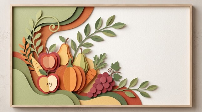 Paper cut harvest fruits and vegetables. Autumn produce craft art with seasonal food.