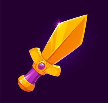 Golden sword icon for game UI interface, cartoon medieval gold dagger and blade dirk or knife weapon. Golden game icon of sword with gem hilt and magic gemstone jewel shine for arcade game treasure