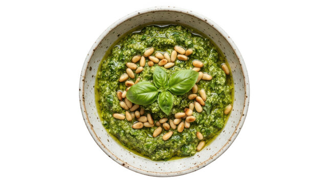 Fresh basil pesto sauce with pine nuts isolated on transparent background