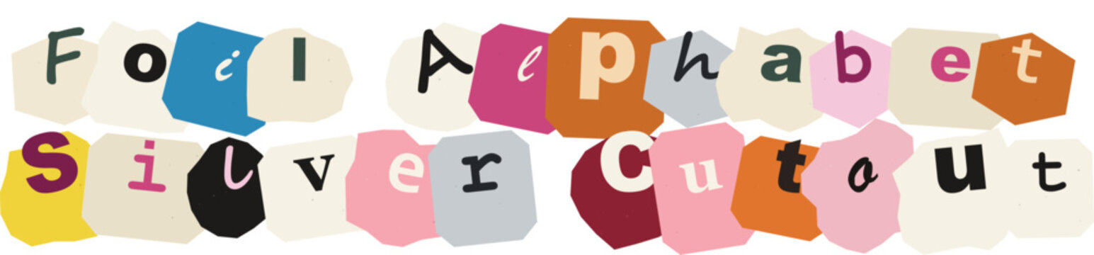 Colorful handmade cutout ransom note style alphabet letters on a white background