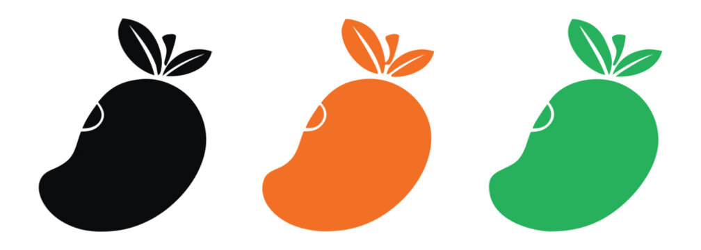 Simple mango icons in black, orange gradient and green, tropical fruit vector graphics with linear pattern designs for fresh food branding.